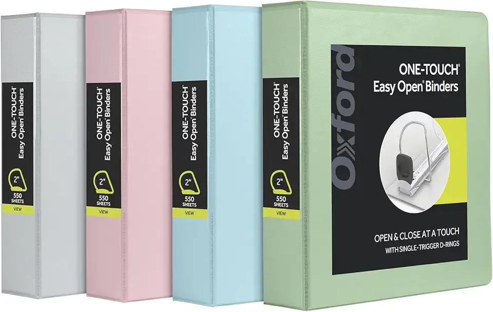 Oxford 3 Ring Binders, 2 inch ONE-Touch Easy Open D Rings, 3-Sided View Binder Covers, Binders for School, Xtralife Hinge, Non-Stick, PVC-Free, Natural Pastel, 530-Sheet Capacity, 4 Pack (79923)