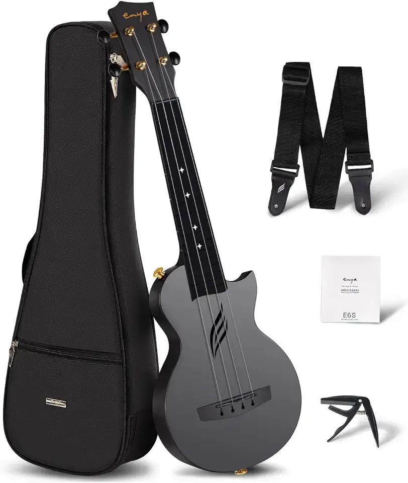 Enya NOVA U MINI 21-Inch Carbon Fiber Soprano Travel Ukulele, Black | Waterproof Body, Resists Humidity and Temperature Changes, 0.9 lb, Low-Action Setup, Beginner Kit: Case, Strap, Capo, Strings
