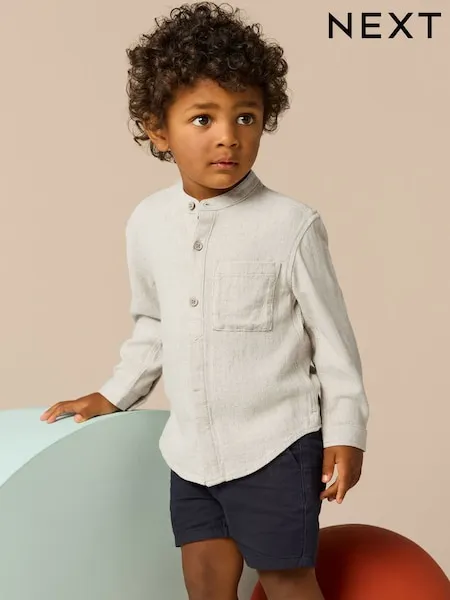 Neutral Grandad Collar Linen Mix Shirt (3mths-7yrs)
