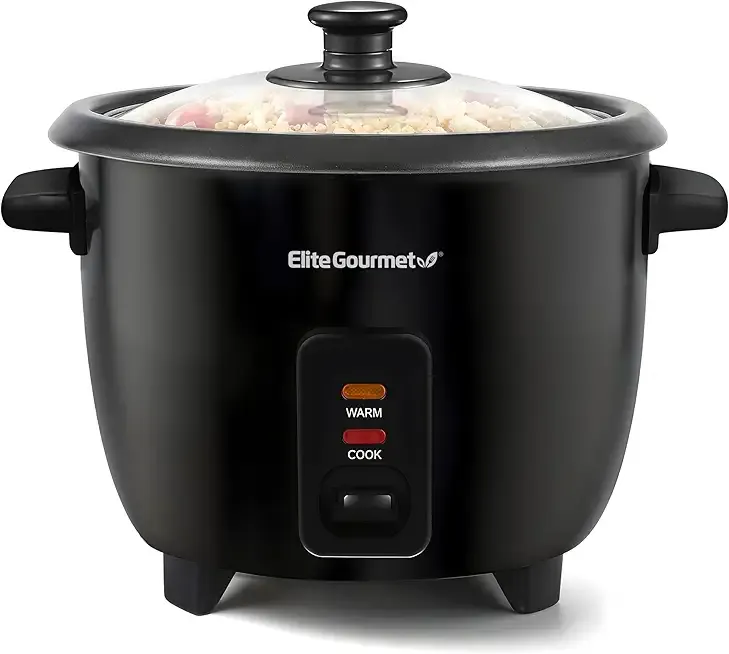Elite Gourmet Electric Rice Cooker with Steam Tray and Non-Stick Inner Pot Makes Soups, Stews, Grains, Cereals, Keep Warm Feature, 6 Cups Cooked (3 Cups Uncooked), Black