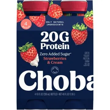 Chobani 20G Protein Zero Sugar Added Strawberries & Cream Yogurt Drink 10 oz Bottles, 4 ct
