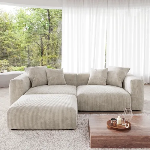 Magic Home 102 in. Beige Corduroy Modular Sectional Sofa Deep Seat with Ottoman, Washable Covers