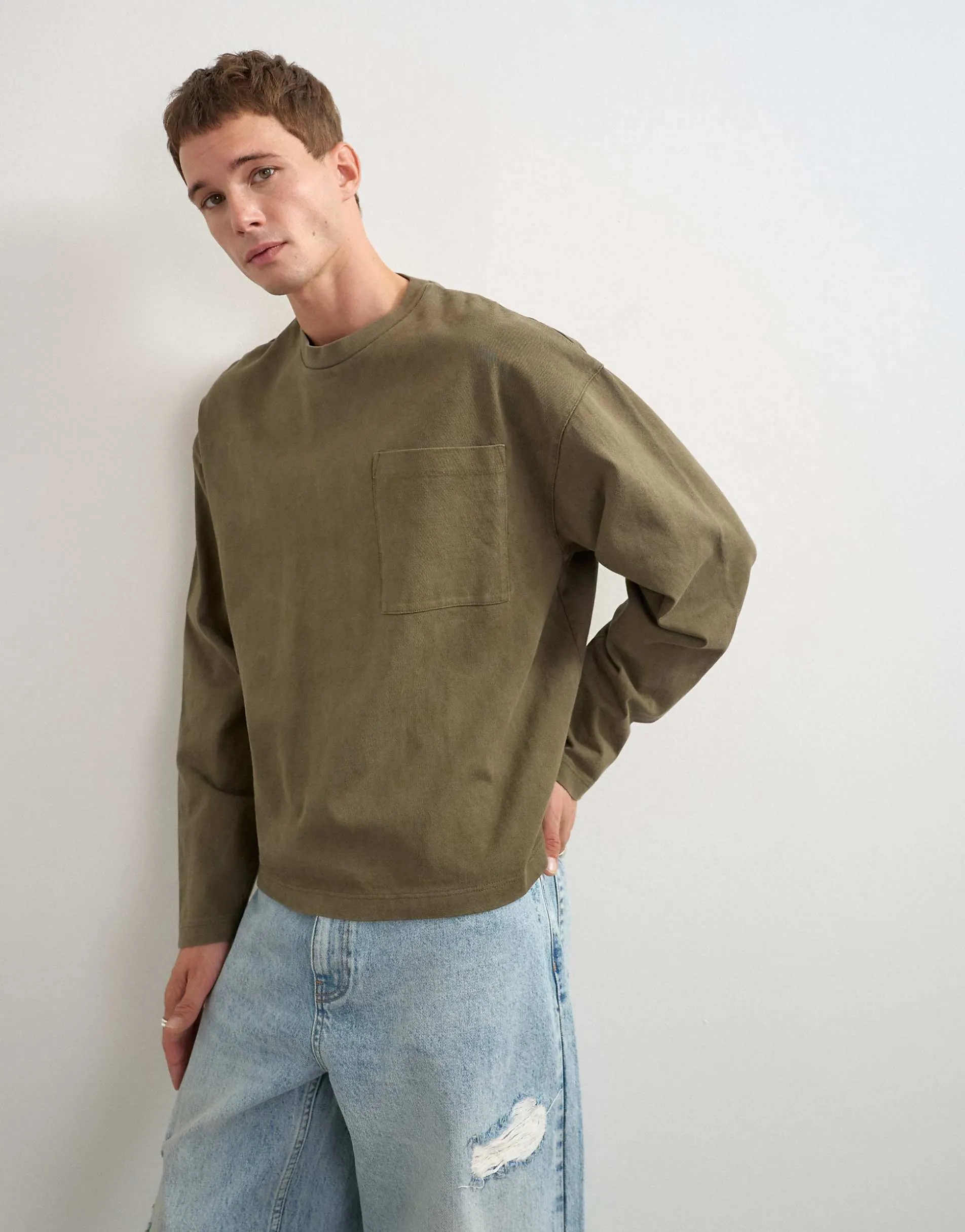 Topman relaxed fit long sleeve heavyweight t-shirt in washed khaki