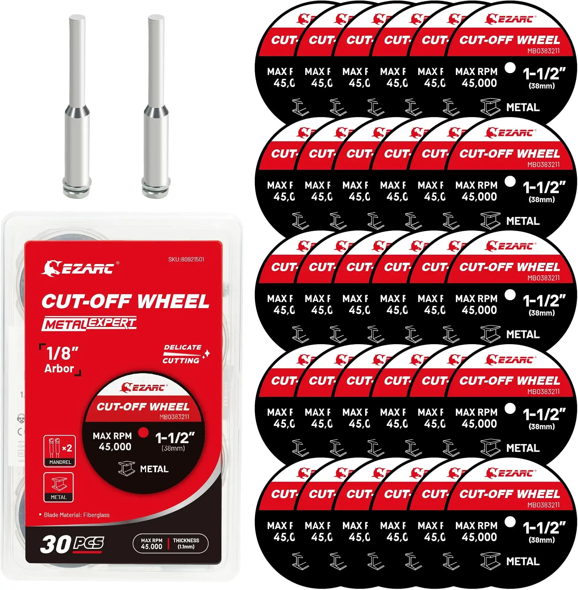 EZARC 1-1/2 Cut Off Wheels, 1.5" x 1/8" Fiberglass Reinforced Rotary Tool Cutting Disc Accessories Include Mandrels, 32-Pack