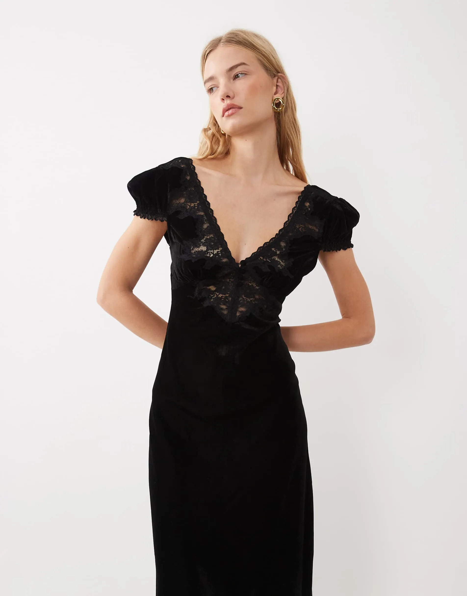 ASOS DESIGN velvet midi tea dress with lace in black