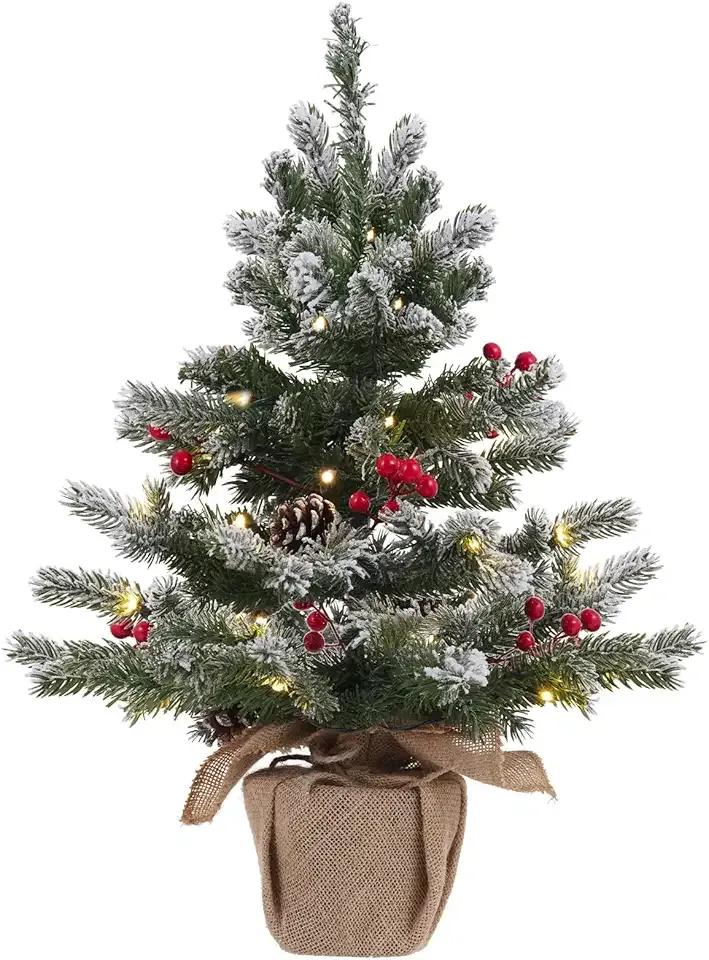 24 Inch 2 FT Pre-lit Snowy Mini Christmas Tree, DECSPAS Small Tabletop Flocked Christmas Tree with 20 LED Lights Red Berries Pine Cones and Cloth Bag Base Xmas Decorations for Holiday Party (Color A)