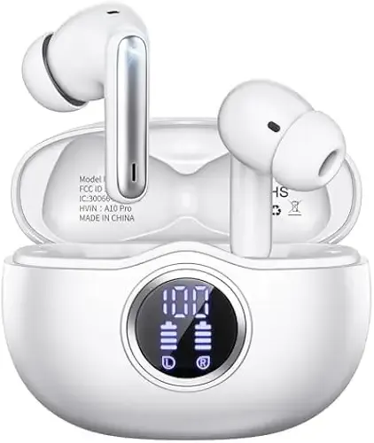 Wireless Earbuds, Bluetooth 5.3 Headphones HiFi Stereo 50H Playback LED Digital Display Ear Buds with ENC Noise Canceling Headset, IPX7 Waterproof Earphones for Gym/Running/Work (White)