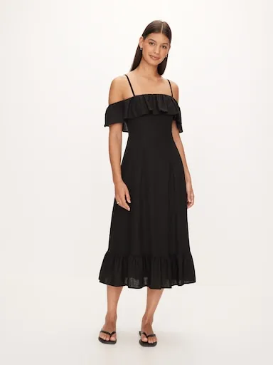 Frill Linen Blend Midi Dress