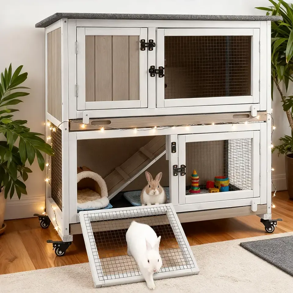 Gowoodhut 36" L Rabbit Hutch, 2-Story Bunny Cage on 4 Wheels | Guinea Pig Cage with Dual Deep Trays, 4 Metal Wheels and Ramp Access for Small Animals, Indoor and Outdoor Use