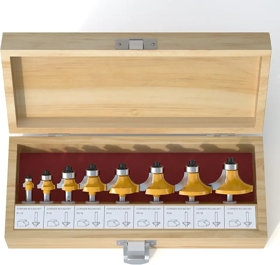 FivePears 8-Piece Roundover Router Bit Set - 1/4" Shank, Rounding Bits for Edging: 1/16", 1/8", 3/16", 1/4", 5/16", 3/8", 7/16", 1/2" Radius