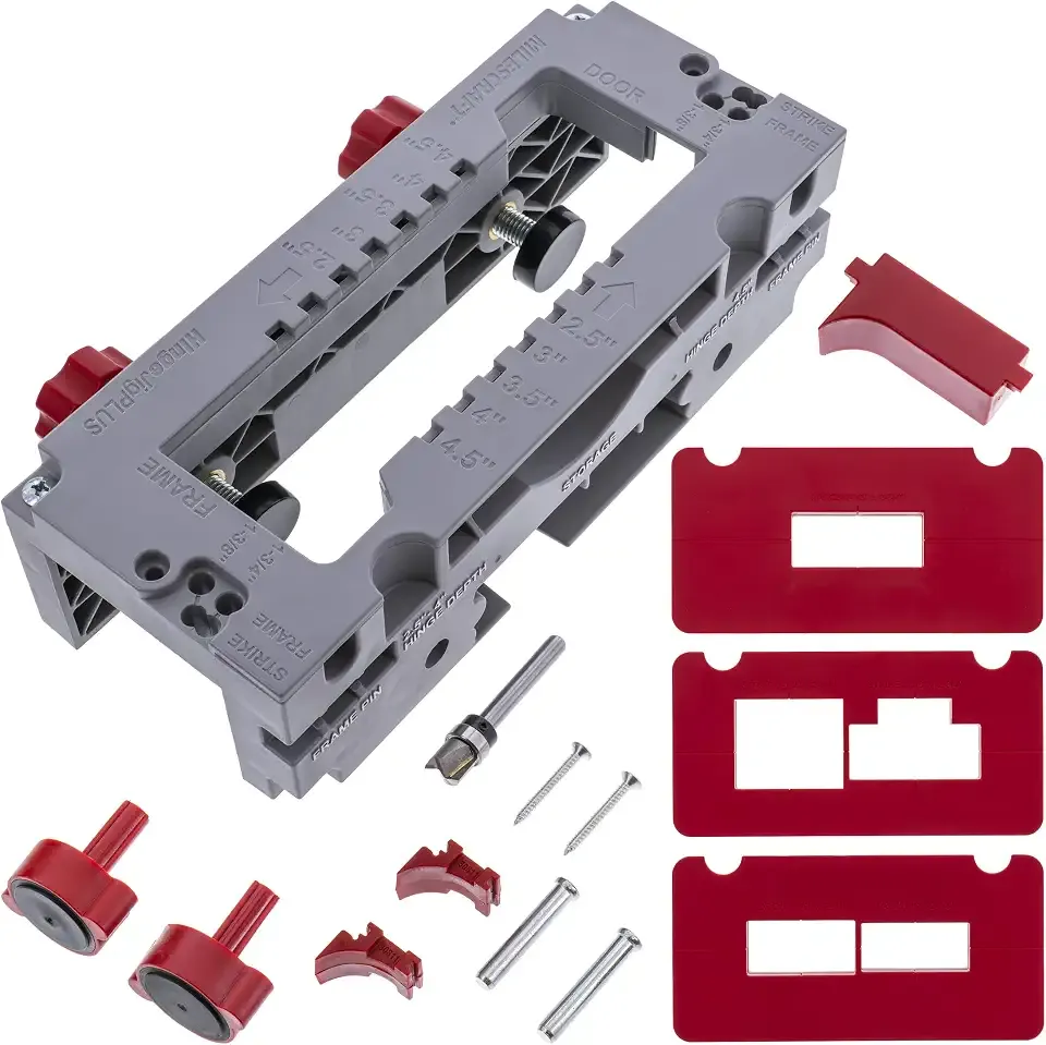 Milescraft 1229 HingeJigPLUS – Dual Clamping Door Hinge Jig Door Hinge Mortiser. Complete Hinge Installation Kit Rout Mortises from 2.5” to 4.5”. Strike and Latch Plates Included for Standard Doors