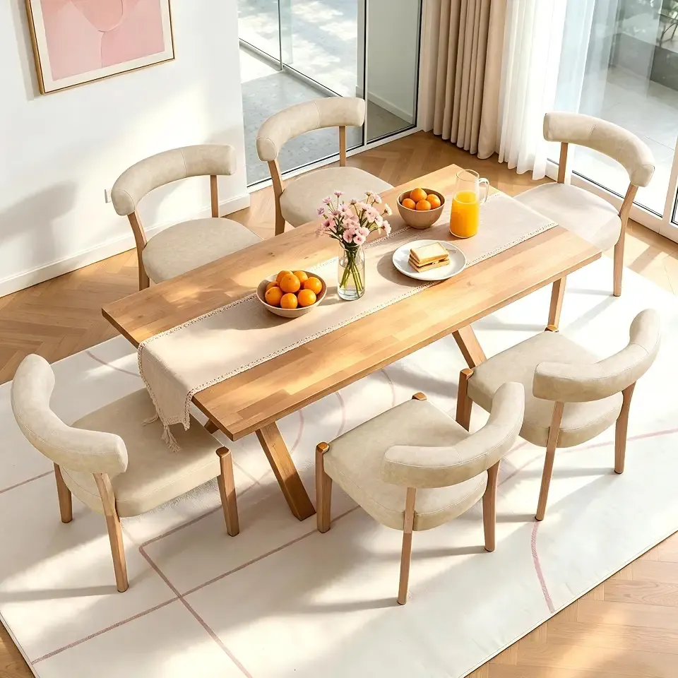 RNKSFX Modern Dining Chairs Set of 6, Faux Leather Upholstered Kitchen & Dining Room Chairs, Mid Century Modern Wooden Dining Chairs Oversized Sturdy Rounded Chairs Curved Back, Beige