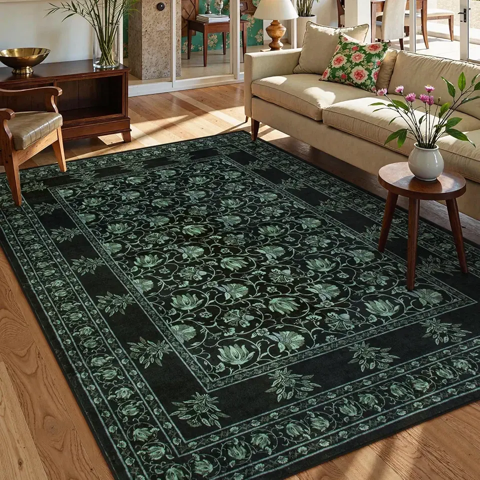 Lahome Floral Black Rugs for Living Room, Low Pile Soft Area Rugs 5x7 Rugs for Bedroom Non Slip, Stain Resistant Vintage Floral Rug for Dining Room Office (5'x7', Black/Green)