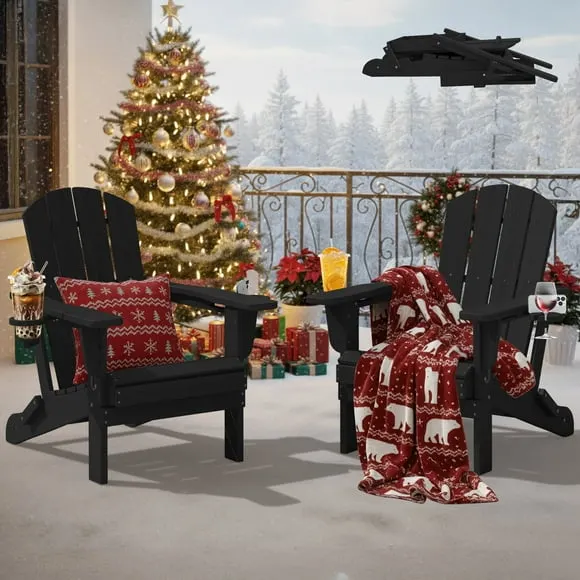 SERWALL Folding Adirondack Chair Set of 2 with Dual Cup Holders & Phone Holder, All-Weather HDPE Fire Pit Chairs for Outdoor, Patio, Poolside, Garden - Black