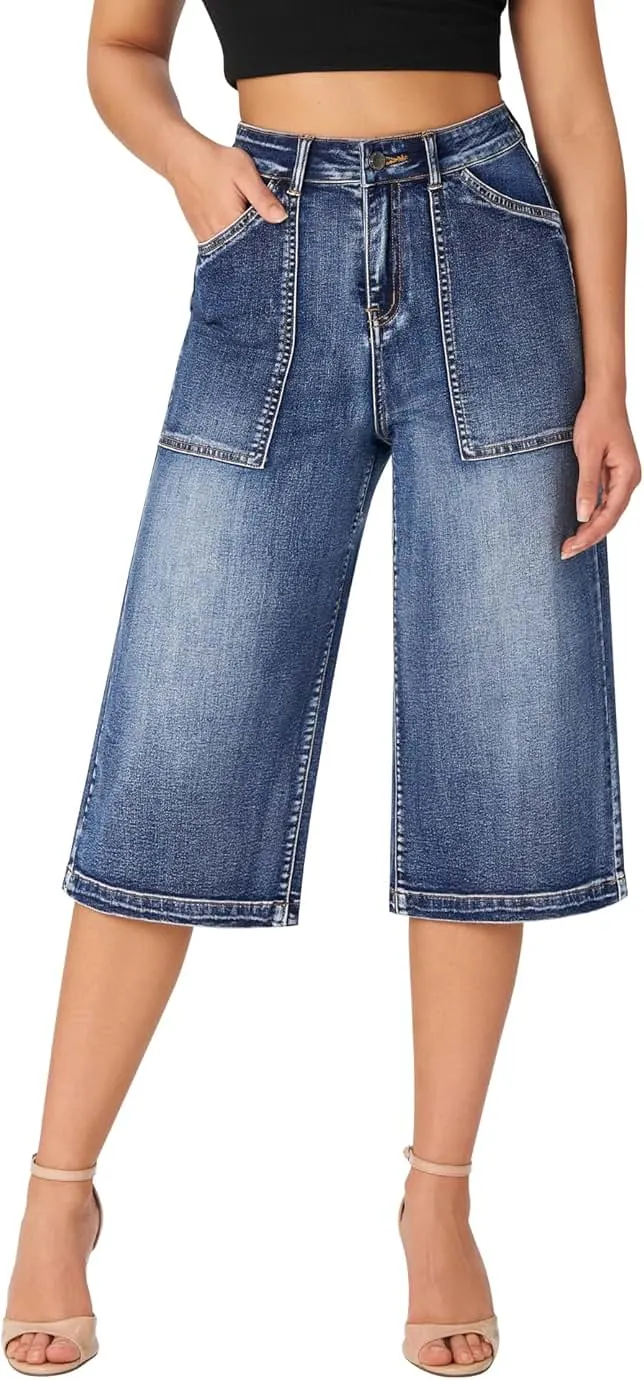 roswear Women’s Wide Leg Capri Pants Stretchy High Waisted Loose Denim Jeans