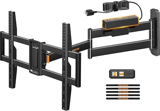 Perlegear Long Arm TV Wall Mount Full Motion with Surge Protection Power Strip for 37–75 Inch TVs, Corner TV Mount with 31.5″ Long Extension, Swivel, Tilt, Max VESA 600x400mm, Holds up to 100 lbs