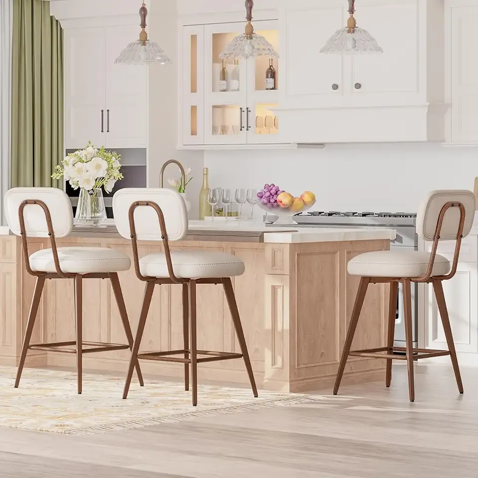 PU Leather Swivel Bar Stools Set of 3, Mid Century Counter Height Bar Chairs with Low Back and Metal Legs, Modern Bar Stool Chair for Kitchen Island, Beige