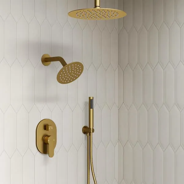 YAWWALK 3-​Spray Round 10 and 6 in.​ Dual Shower Heads Ceiling Mount and Handheld Shower Head in Brushed Gold (Valve Included)​