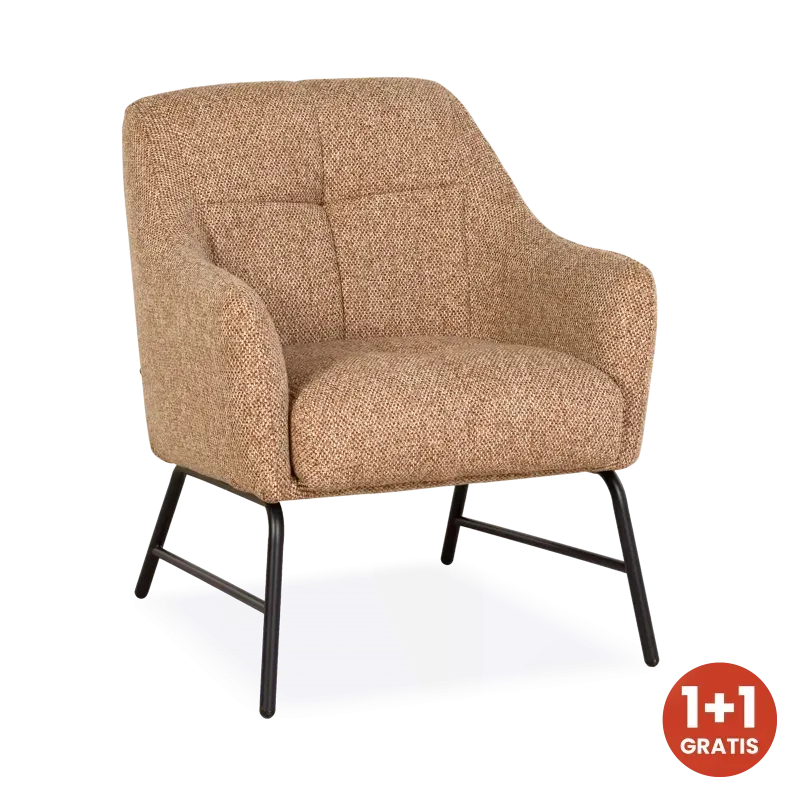 Fauteuil Malibu - stof Cayenne Cognac - pocketvering - poot zwart - 1+1 gratis