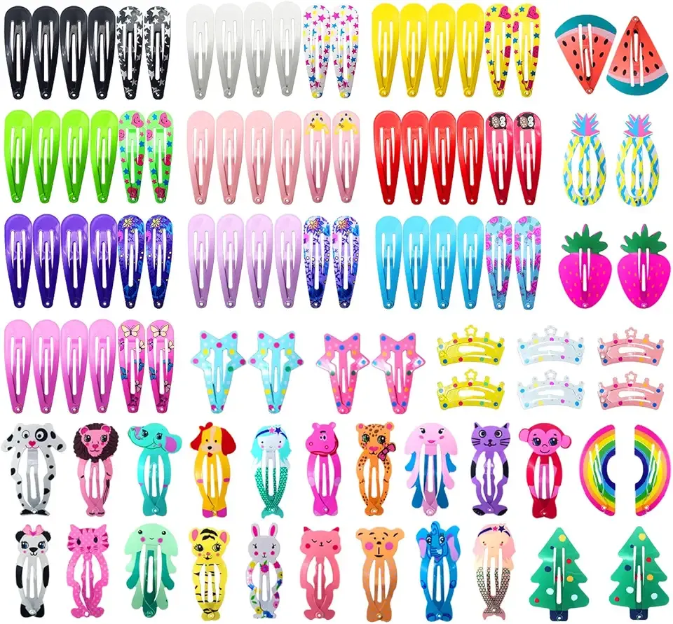 Funtopia Hair Clips for Girls,100 Pcs No Slip Metal Snap, Barrettes for Kids Teens Women, Cute Candy Color Cartoon Design Hair Pins (Animals Fruits Crowns Stars)