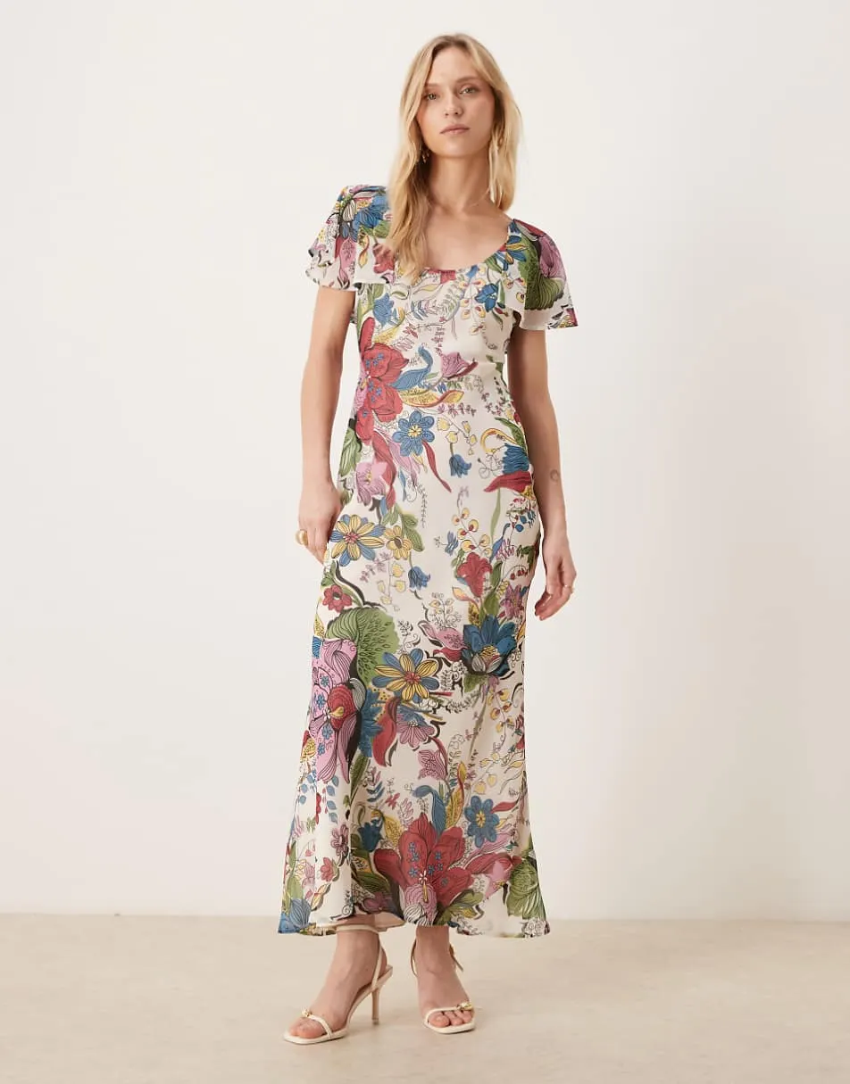 ASOS DESIGN Petite ruffle sleeve scoop bias maxi dress in paisley print