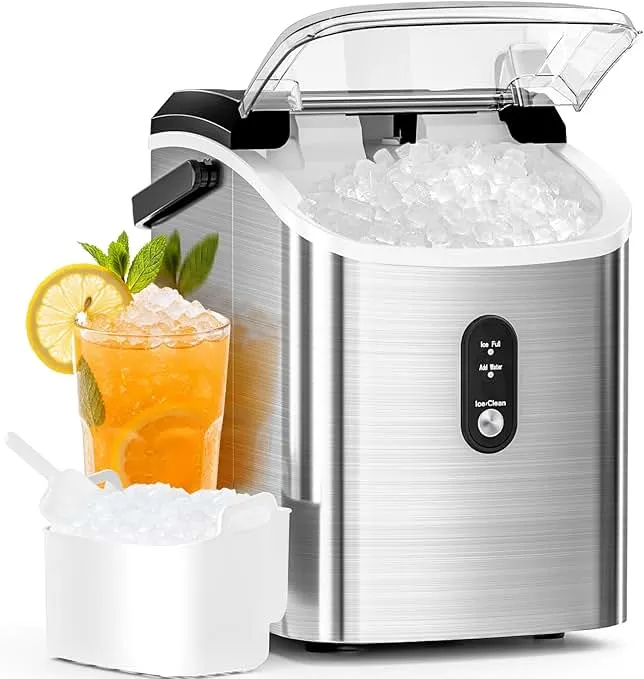 Antarctic Star Nugget Ice Maker Countertop with Soft Chewable Ice, Portable Sonic Ice Maker with Basket and Scoop, Removable Top Cover, Auto-Cleaning for Home/Party/RV/Camping (Stainless Steel Silver)