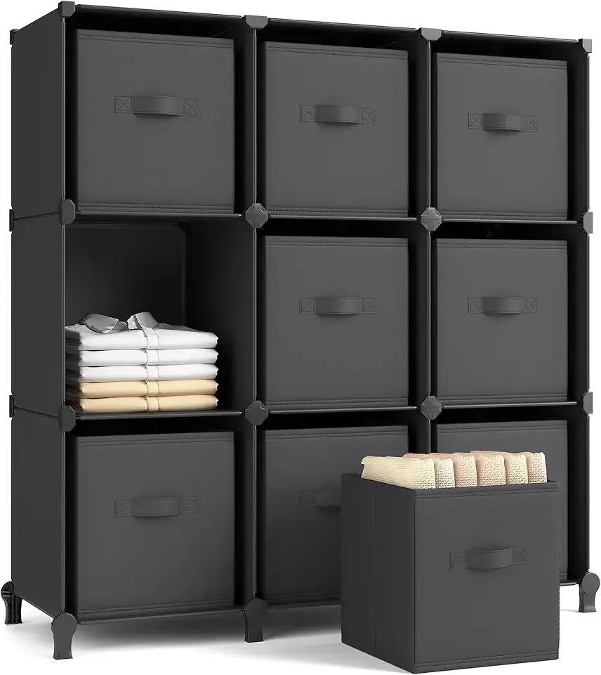 SONGMICS Cube Storage Organizer with Storage Boxes, Set of 9-Cube Organizer, 9 Collapsible Non-Woven Fabric Bins, Customizable, Space-Saving, Bedroom, Ink Black and Dove Gray ULPC092B01