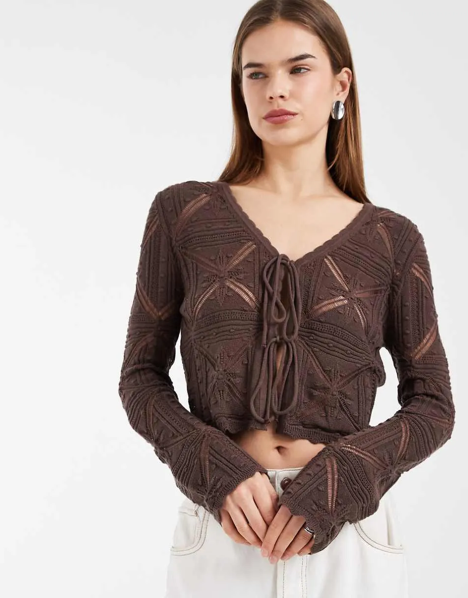 Vero Moda tie front patterned crochet cardigan in chocolate