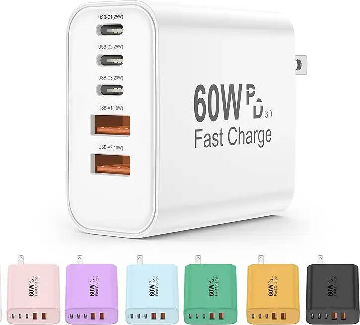 USB C Charger Block, 5 in 1 60W Charging Blocks, PD 3.0 25W Single Max Fast Charger, QC 2A USB Wall Charger for iPhone 16 15 14 13 12 11 Pro Max, iPad, iPod, Samsung, AirPods Pro, Apple Watch Series