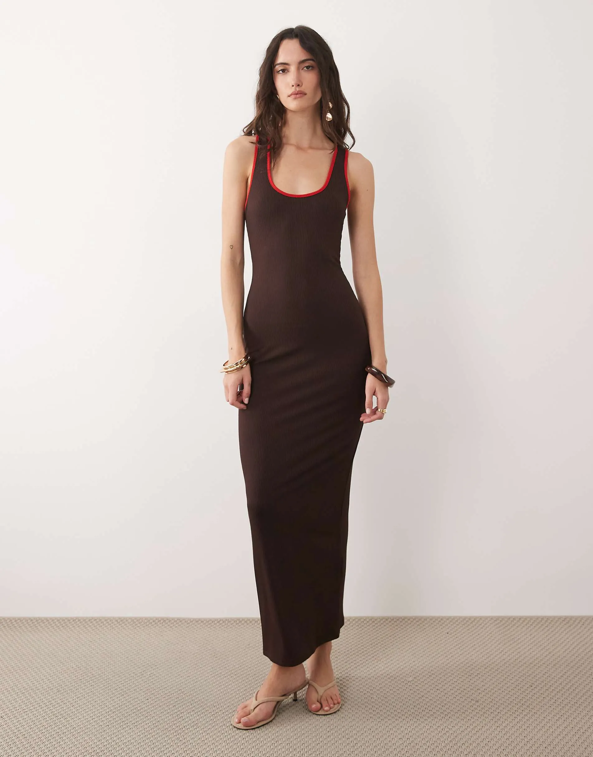 ASOS DESIGN halter neck bodycon midi dress in brown and red tipping