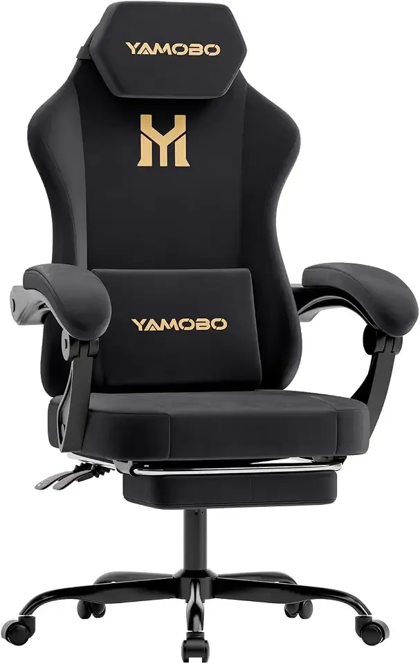 Gaming Chair with Footrest, Game Chair with Lumbar and Headrest Massage Support for Adults, Ergonomic Fabric High Back Computer Desk Gamer Chair with 360°Swivel Wheels for Office, Black