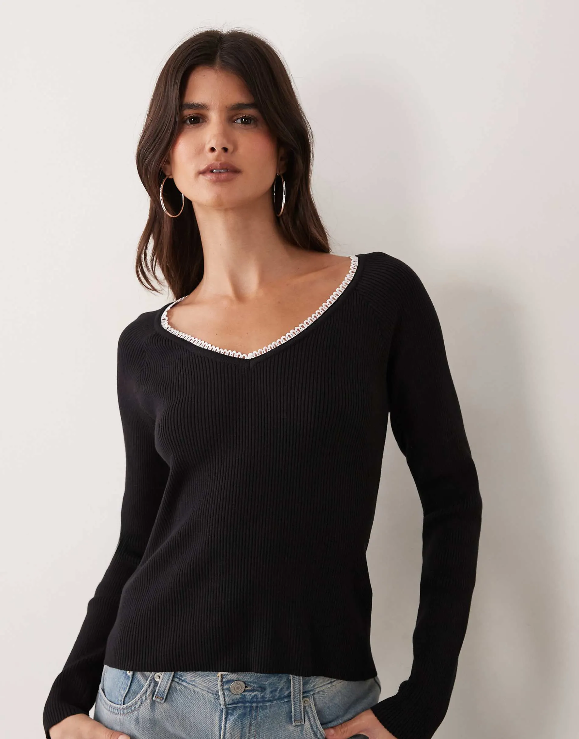 Miss Selfridge rib knit lace trim scoop fitted top in black