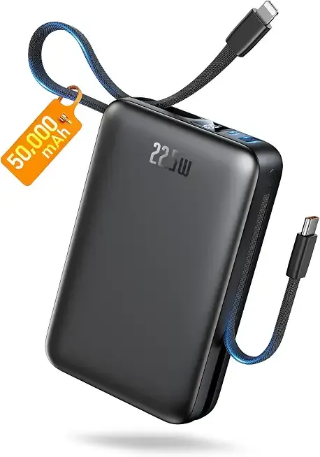 Portable Charger 50000mAh, 22.5W Fast Charge Power Bank Built-in 2 Cables | Pocket‑Friendly Portable Phone Charger for iPhone/iPad/Android/Samsung Galaxy Travel & Camping Essential (Carbon Black)