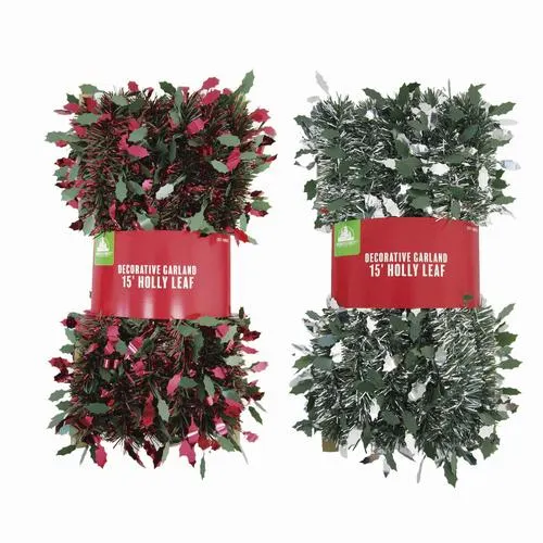 Enchanted Forest® 15' Holly Leaf Die-Cut Decorative Tinsel Garland - Assorted Styles