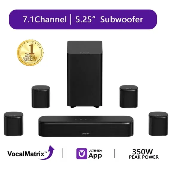 Best seller ULTIMEA Aura S4T 7.1ch TV Soundbar with 4 Surround Speakers, Surround Sound System with 5.25" Subwoofer, App Control, Bluetooth 6.0, HDMI/OPT/AUX, Peak Power 350W $149.99 Was $299.99