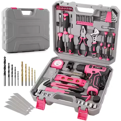 ​Hi-Spec 133PC Power Tool Sets with 8V Lithium Drill - Pink Home Repair Tools Kit Set & Magnetic Precision Bits 3-Tier Toolbox