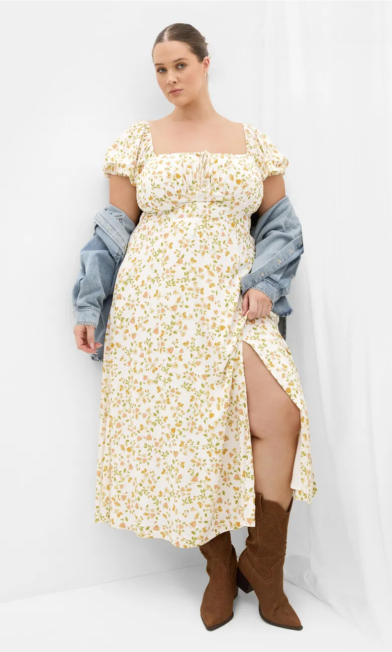 Abbie Short Sleeve Blossom Print Maxi Dress - ivory