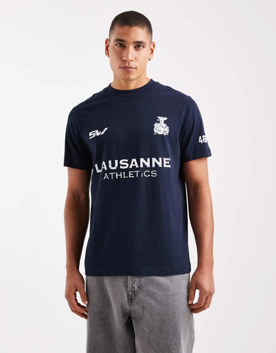 ASOS DESIGN t-shirt with football text graphic in navy