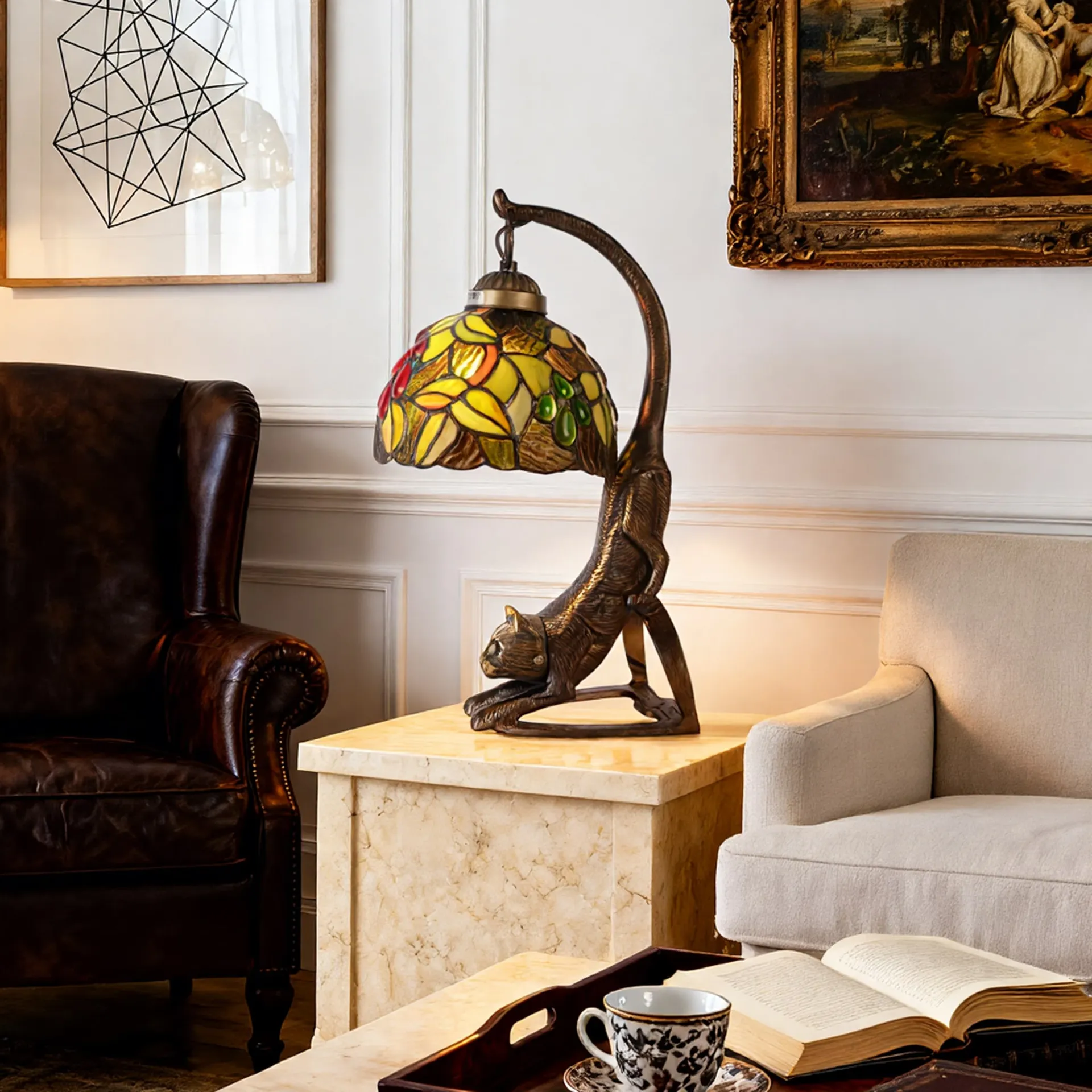 Tiffany-Style Stained Glass-Resin Traditional 7-in Bronze LED Table Lamp with Glass Shade(Bulb Included)