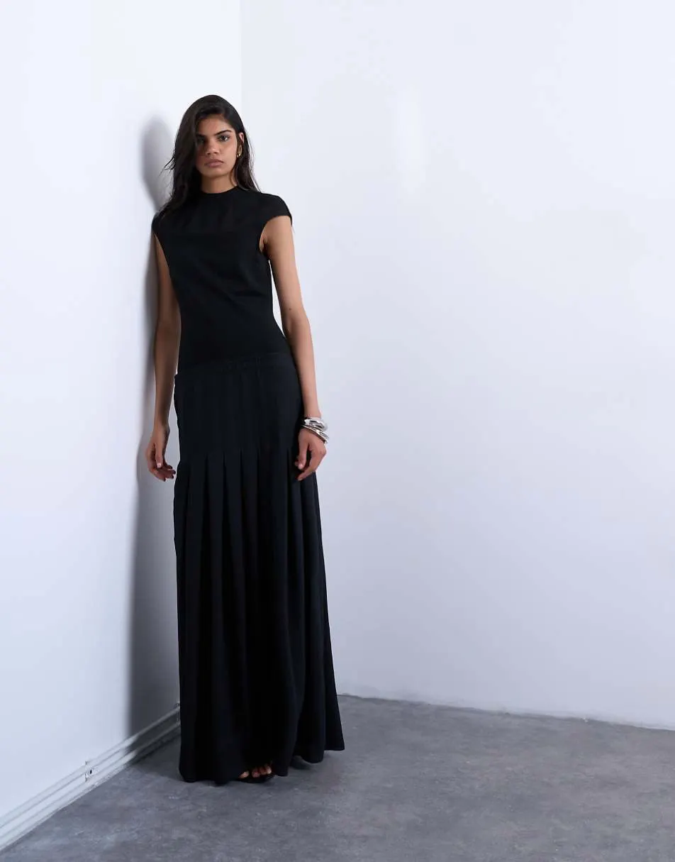 Topshop box pleat skirt dropped waist maxi dress in black