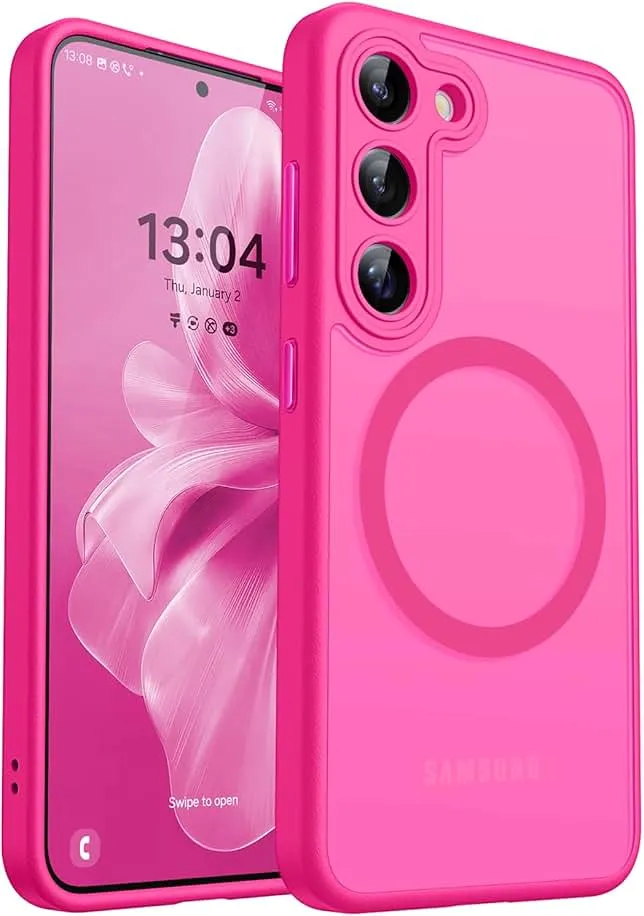 CANSHN Designed for Samsung Galaxy S23 Case [Full Camera Protection] [Compatible with MagSafe] Translucent Matte Shockproof Protective Phone Cover 6.1 Inch - Hot Pink