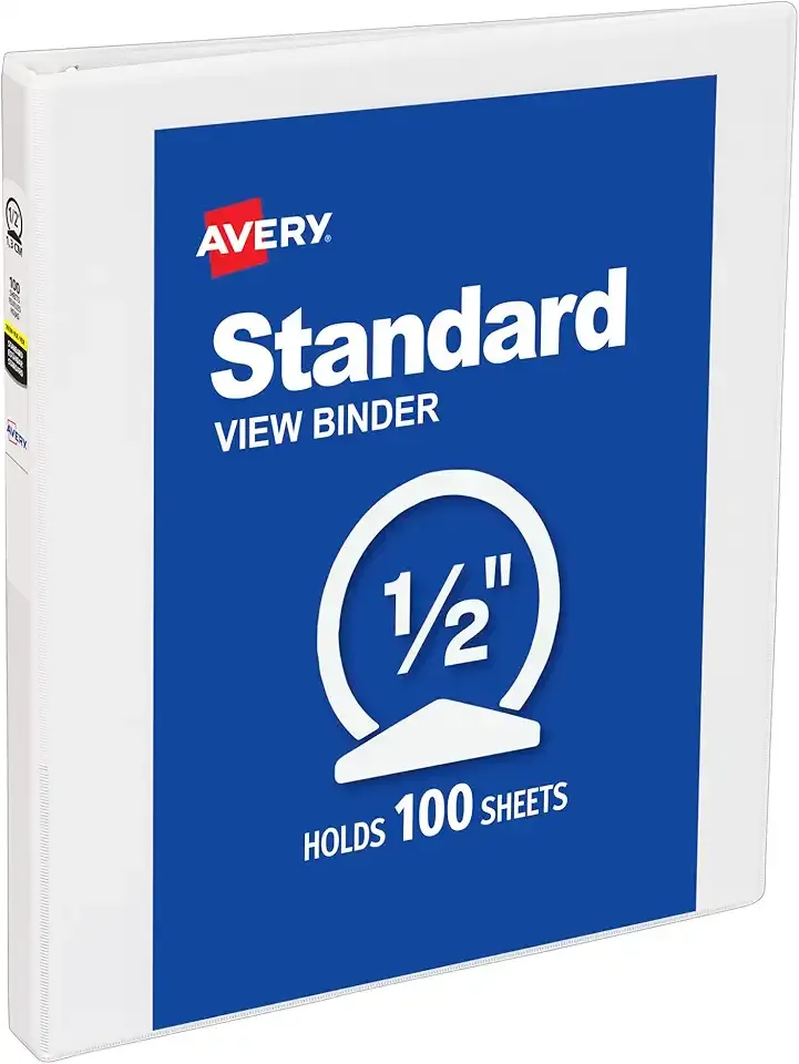 Avery Standard View 3 Ring Binder, 0.5" Round Rings, 100-Sheet Capacity, 0.7 Inch Wide Spine, 1 White Binder, Ideal for Lightweight Organization and Occasional Referencing (05706)
