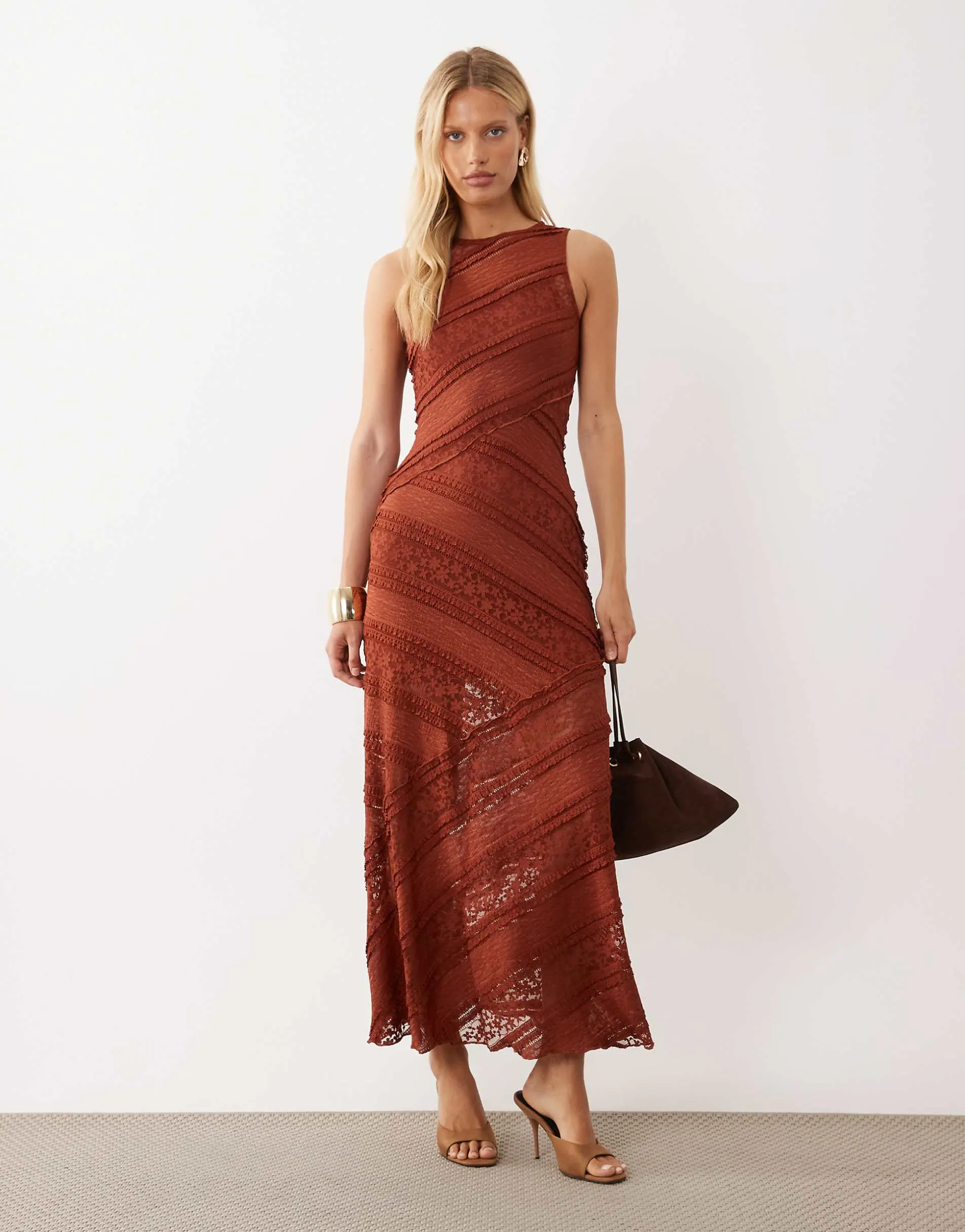 ASOS DESIGN spliced tiered lace midi dress in rust