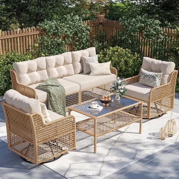 ELPOSUN 5-Seat Outdoor Patio Furniture Set, Wicker Rattan Outdoor Furniture Set with Swivel Chairs & All-Weather Thickened Cushions for Garden, Porch, Backyard, and Poolside, Beige