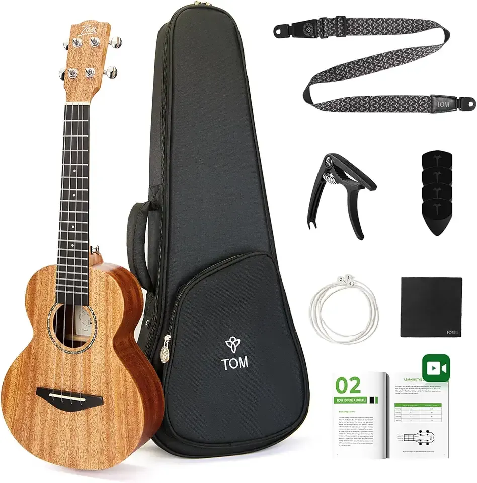 TOM 23" Solid Top Mahogany Concert Ukulele – Ukelele Beginner Kit Includes Quick Locking Ukulele Strap for Professional, Beginners, Adults & Kids, Deep Resonance with D’Addario Strings (AM5-Concert)