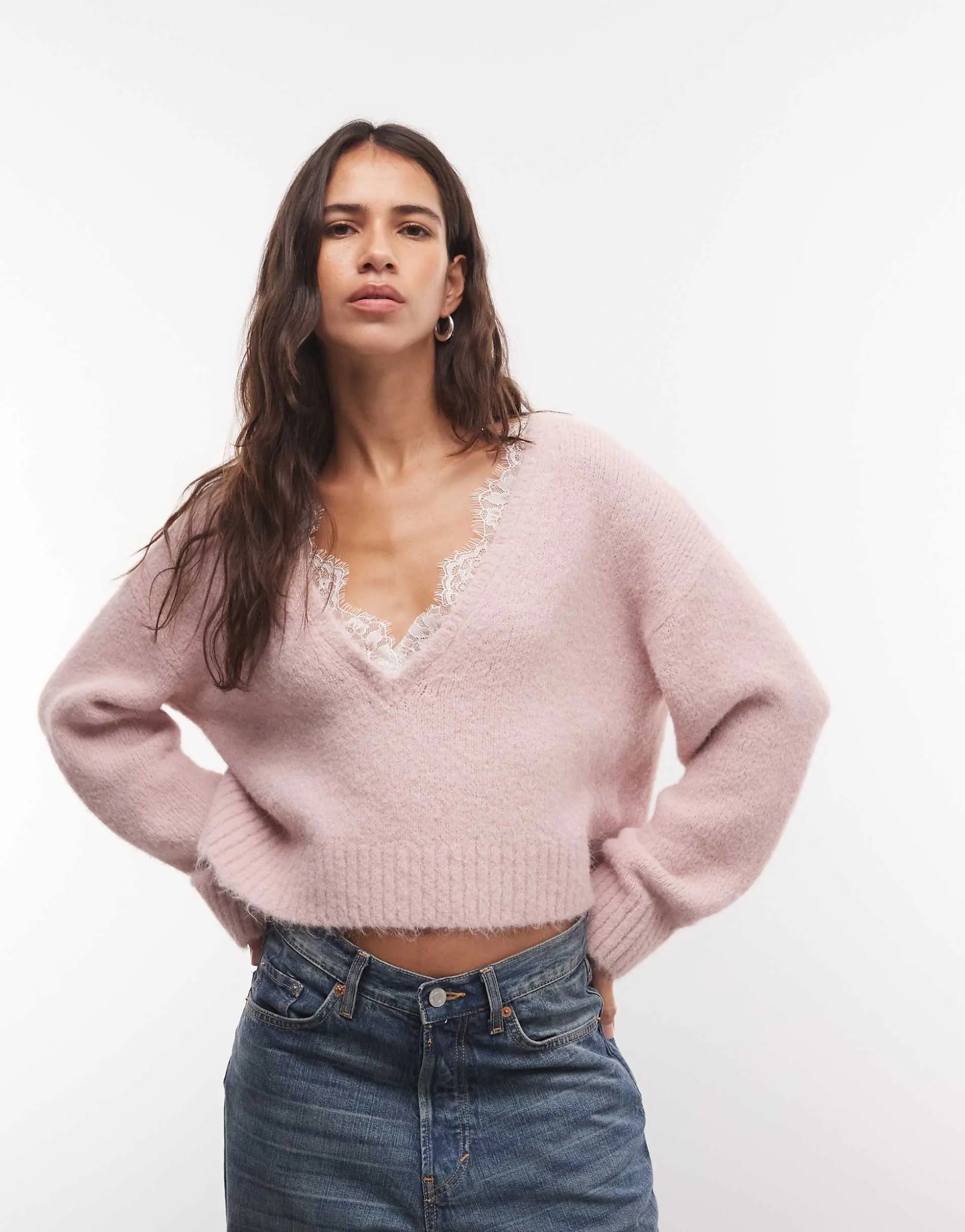Monki fluffy knitted v-neck jumper with lace trim in dusty pink