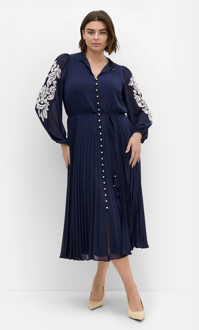 Adorn Sleeve Pleat Midi Dress - navy