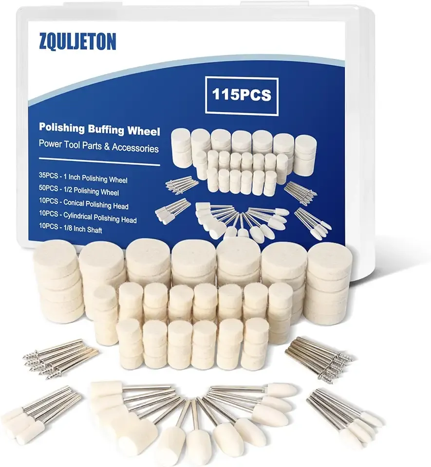 115PCS Polishing Buffing Wheels for Dremel Tool Accessories, 1/8" Shank Polishing Wheels for Dremel Polishing Kit | Professional Wool Restoration & Buffing Kit for Metal, Jewelry, Wood