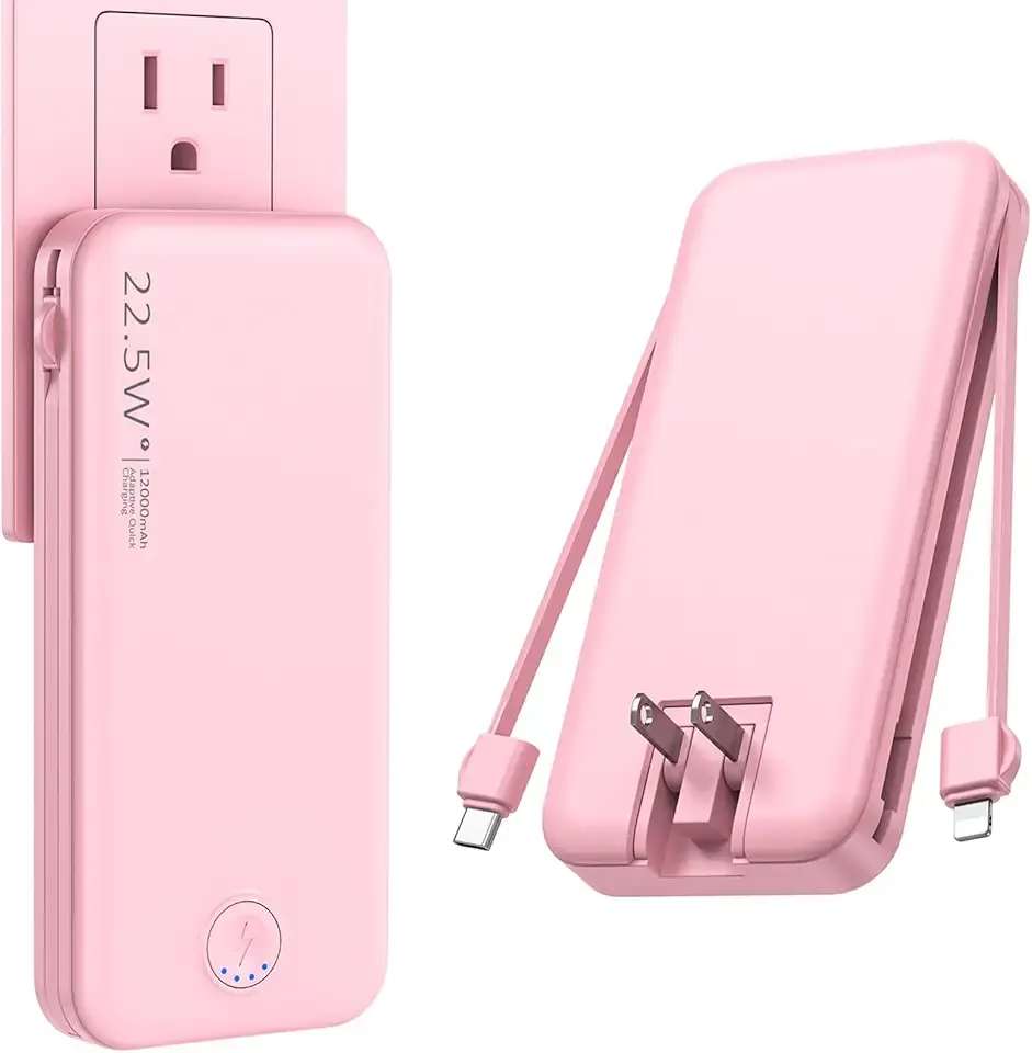 Portable Charger, 12000mAh 22.5W Fast Charging Power Bank with Built-in Cables & Wall Plug, Travel Essentials External Battery Pack, USB C Battery Phone Charger for iPhone, iPad, Samsung Pink