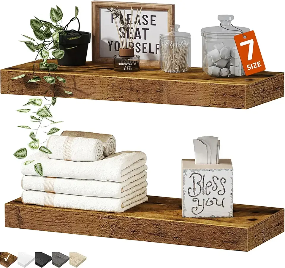 QEEIG Bathroom Floating Shelves for Wall - 15.7" Wall Mounted Shelf Over Toilet Farmhouse Home Decor Display Bookshelf Small 15.7 x 6.7 inch Set of 2, Rustic Brown (008-40BN)